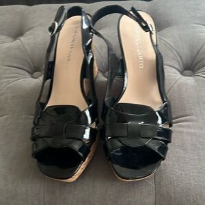 Franco Sarto Black Pateht Leather Cork Wedge Sandal - gently worn